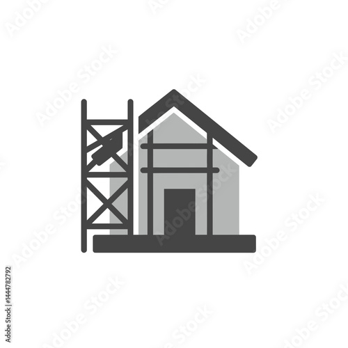 Building Under Construction: A symbolic representation of a building under construction, featuring scaffolding and the framework of a house, emphasizing the process of construction and development.