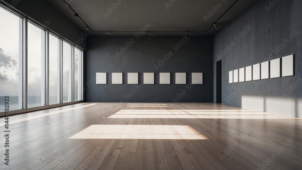A spacious and modern art gallery with blank frames, ideal for artwork display and exhibition. A spacious and modern art gallery with blank frames, ideal for artwork display and exhibition.