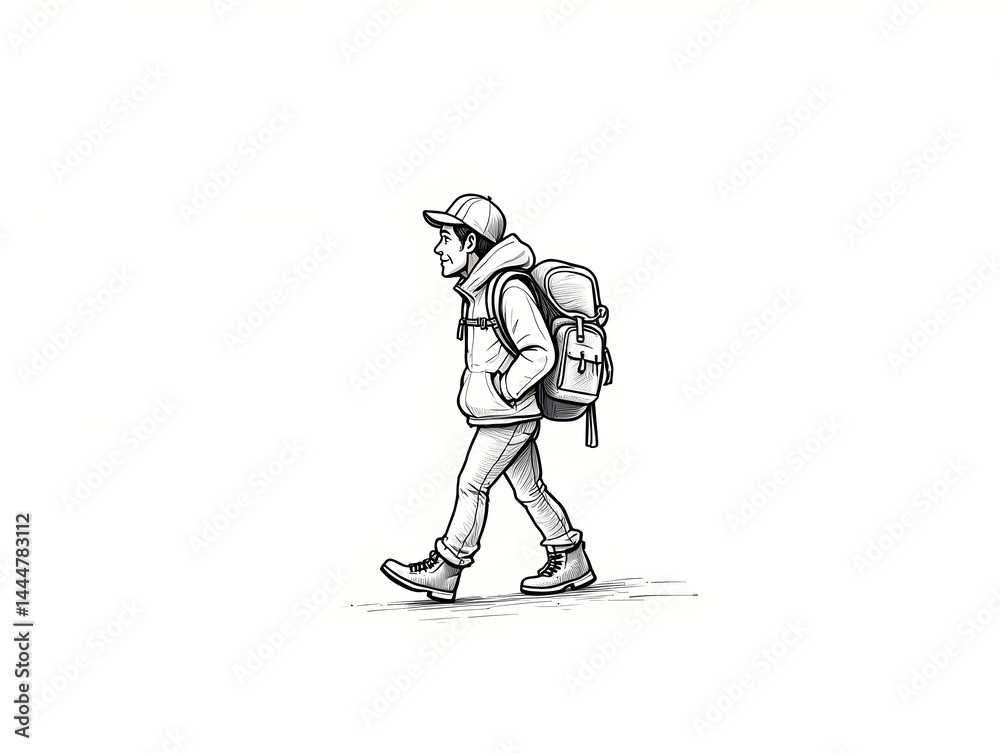 Obraz premium Single Line Drawing of Traveler with Backpack, Adventure Concept