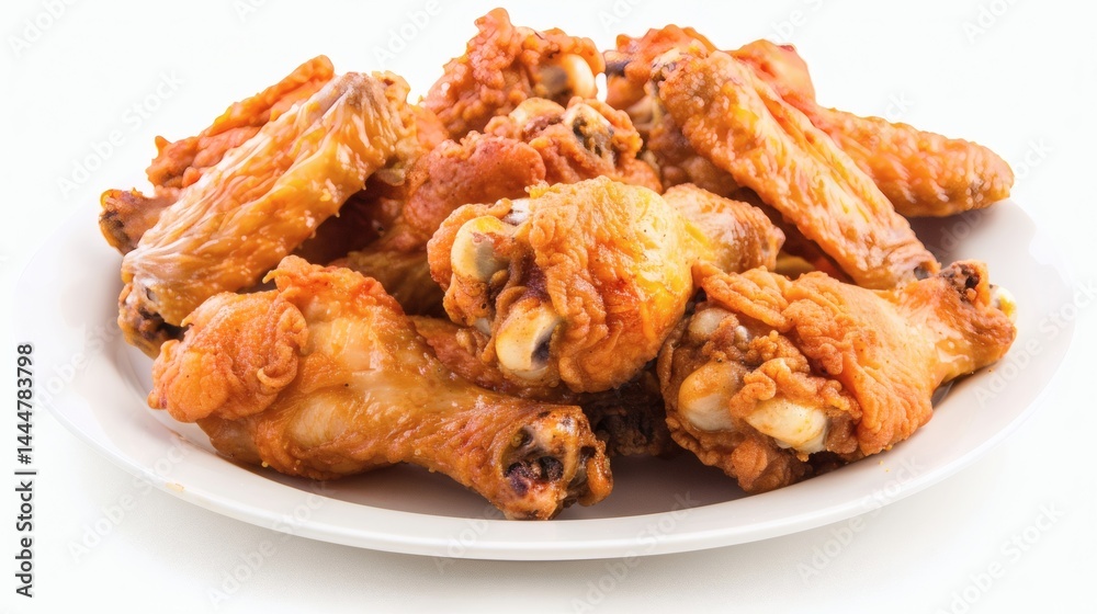 Crispy chicken wings piled high on a white plate. Crispy chicken wings piled high on a white plate.