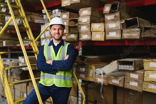 Shipment manager verifying all merchandise pallets in depot, providing merchandise distribution for retail store. Employee walking around boxes of manufactured products, dispatch notes