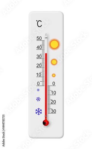 Celsius scale thermometer isolated on transparent background. Ambient temperature plus 36 degrees
