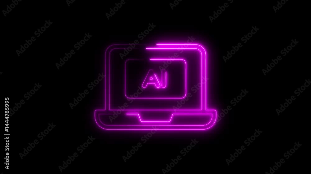 Animated neon laptop displaying ai icon glowing purple on black background Animated neon laptop displaying ai icon glowing purple on black background