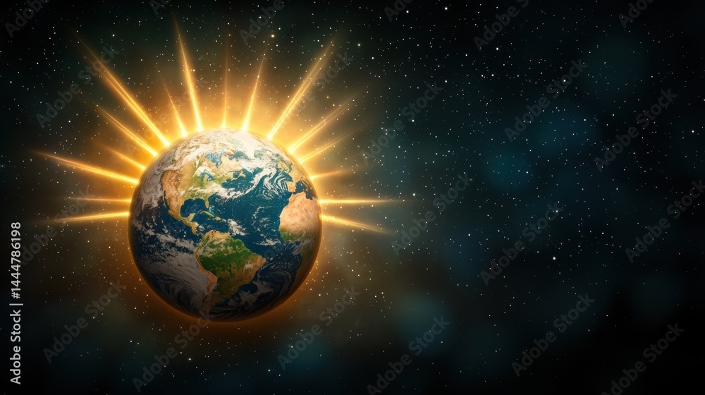 Naklejka premium The Earth illuminated by radiant sunlight, floating in outer space against a backdrop of stars.