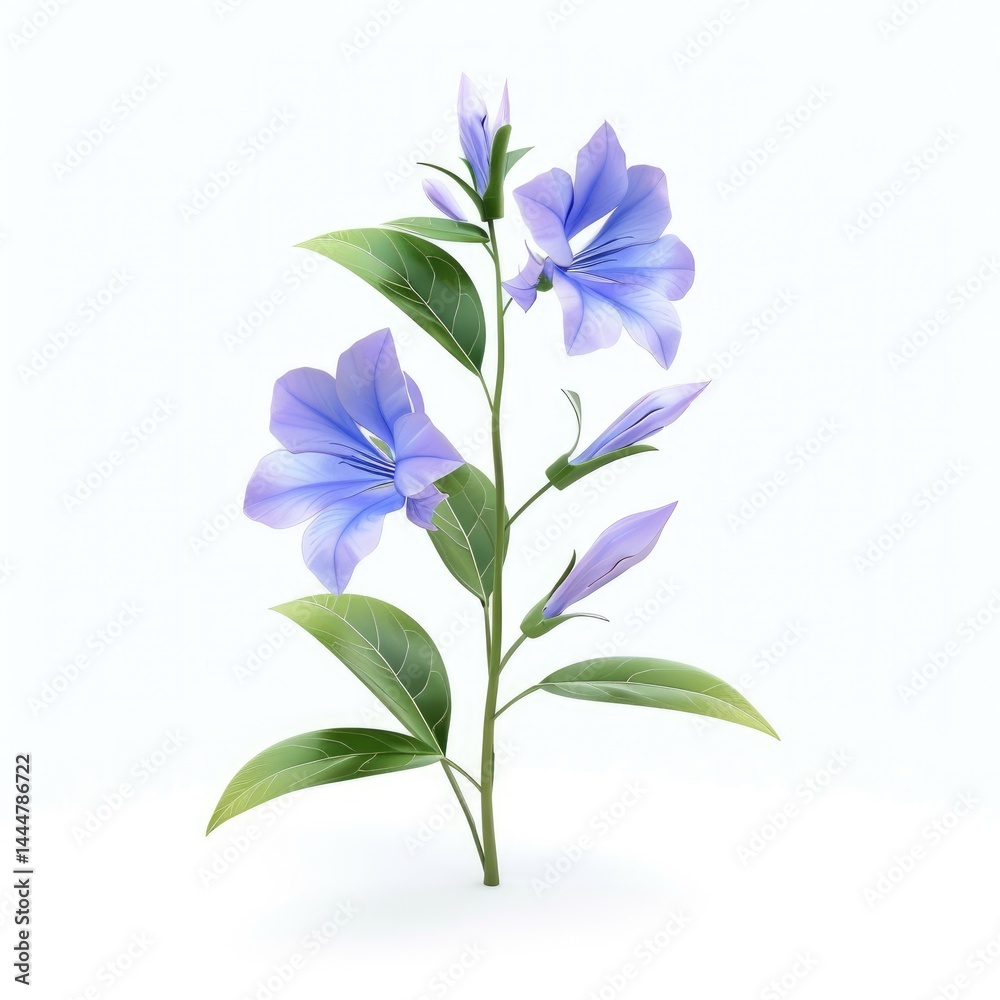 Delicate light purple flowers and leaves on a slender stem.