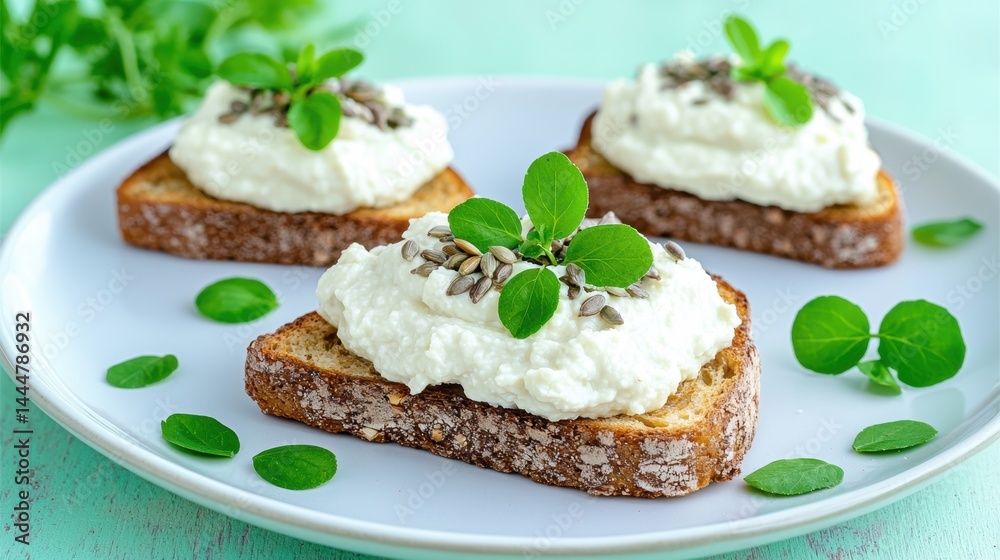 Three slices of bread topped with creamy cheese, seeds, and fresh green herbs on a white plate. Three slices of bread topped with creamy cheese, seeds, and fresh green herbs on a white plate.