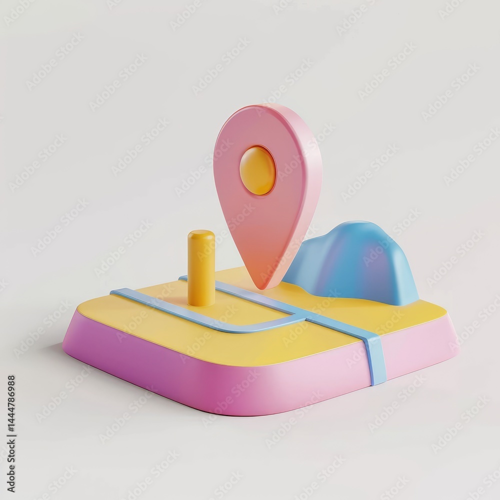 Colorful, 3d map marker icon, stylized landscape.