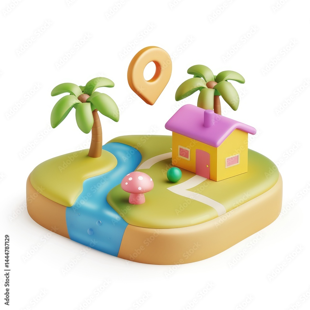 Colorful 3d miniature vacation home on an island.