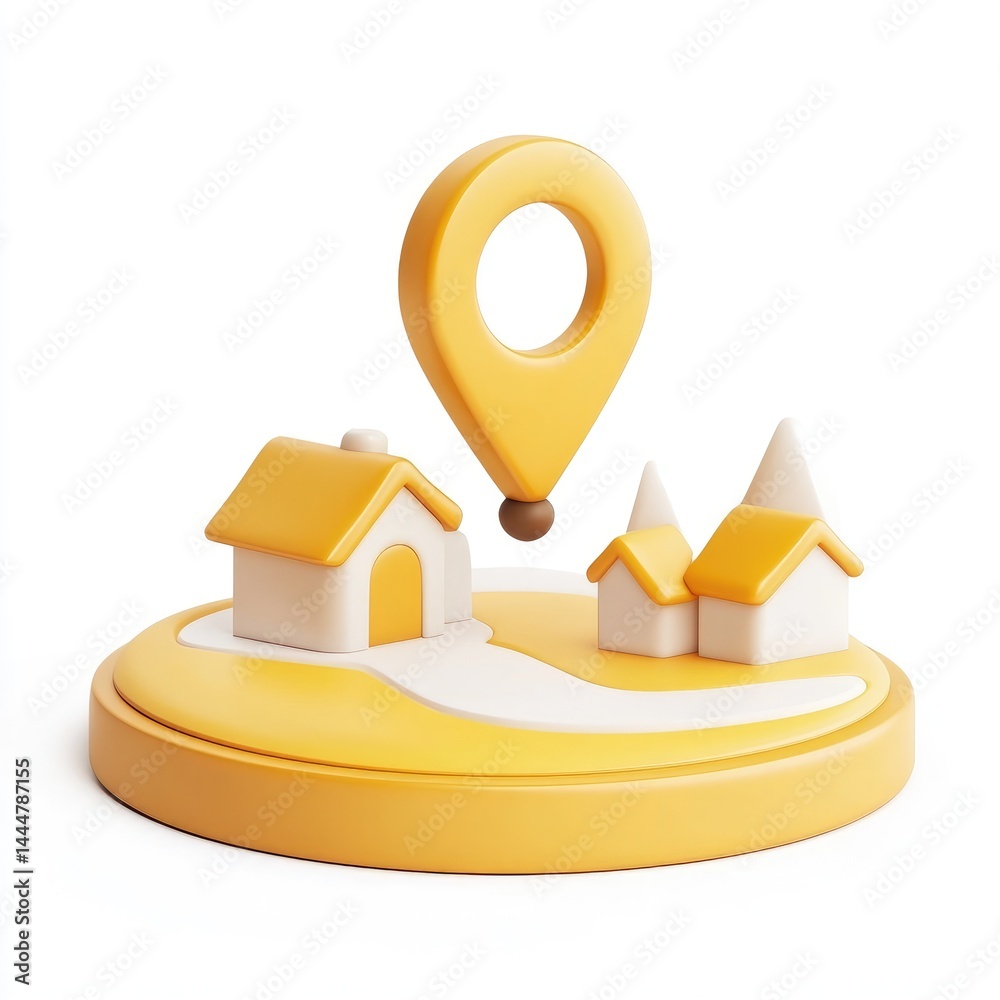 3d rendered illustration of a location marker with houses.