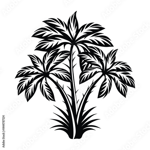 Three Palm Trees Silhouette Art, Tropical Plant Isolated on White Background