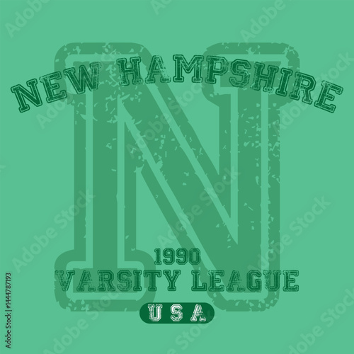Vintage varsity college typography united states of america new hampshire slogan text print with grunge texture for graphic tee t shirt or sweatshirt hoodie or sticker poster - Vector
