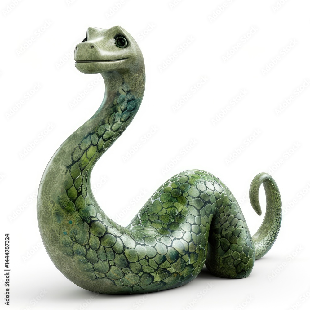 A stylized, sculpted, green serpent figurine.