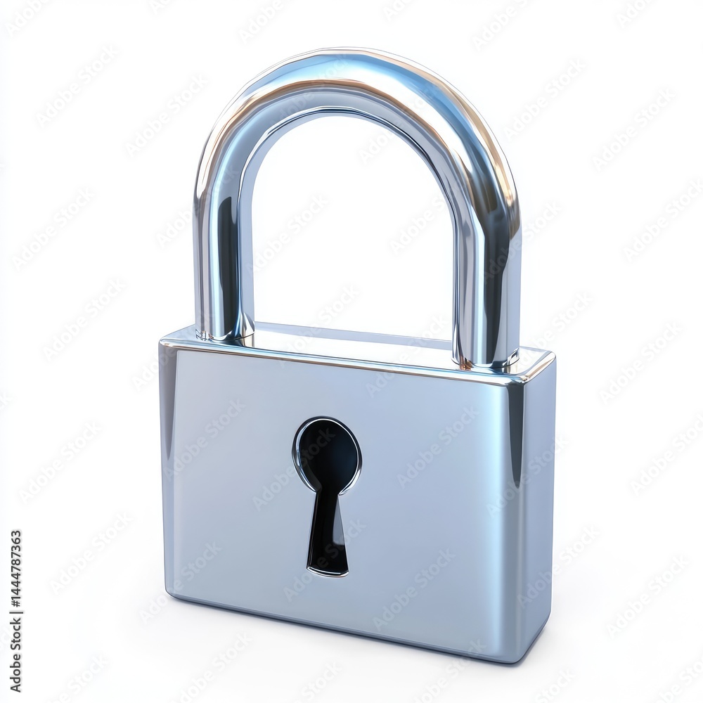 Chrome padlock security icon, digitally rendered.