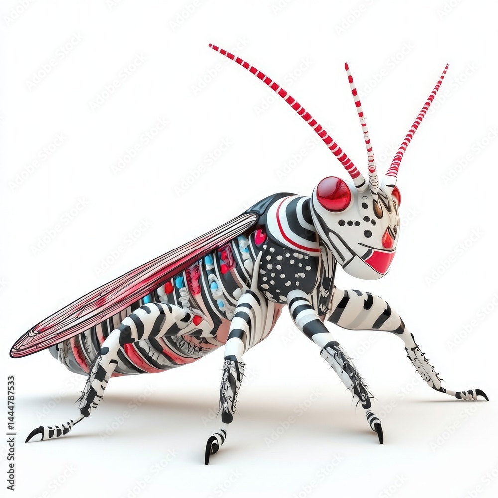A vibrant, stylized grasshopper, intricately designed.