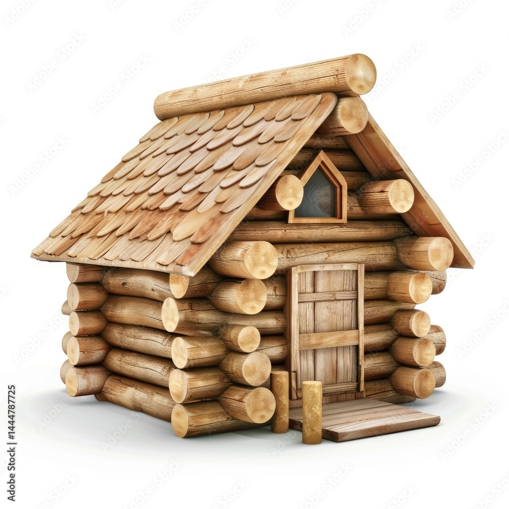 Rustic log cabin model, isolated on white.