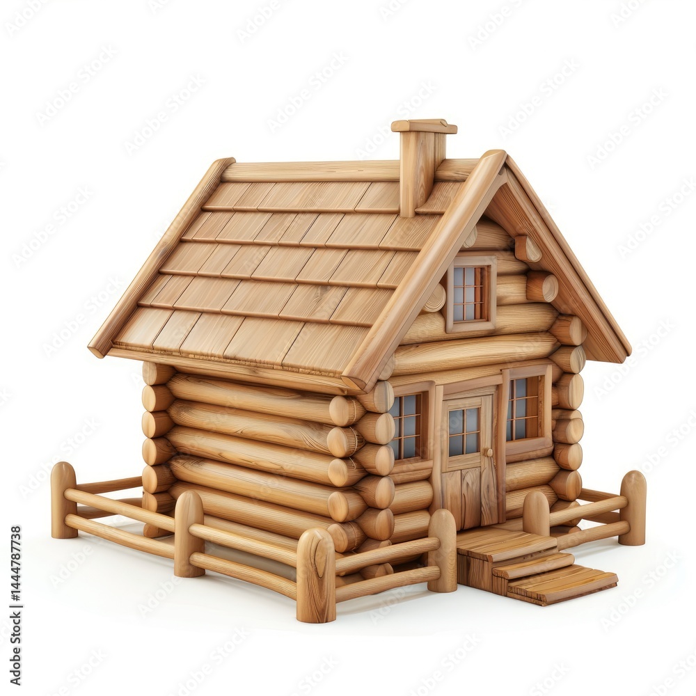 Wooden log cabin model stands on a white background.