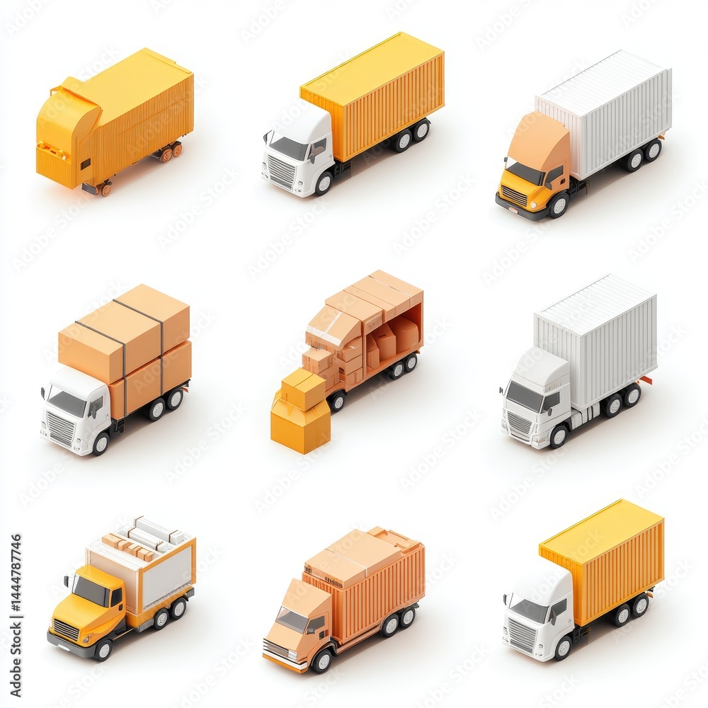 Nine isometric illustrations of various delivery trucks.