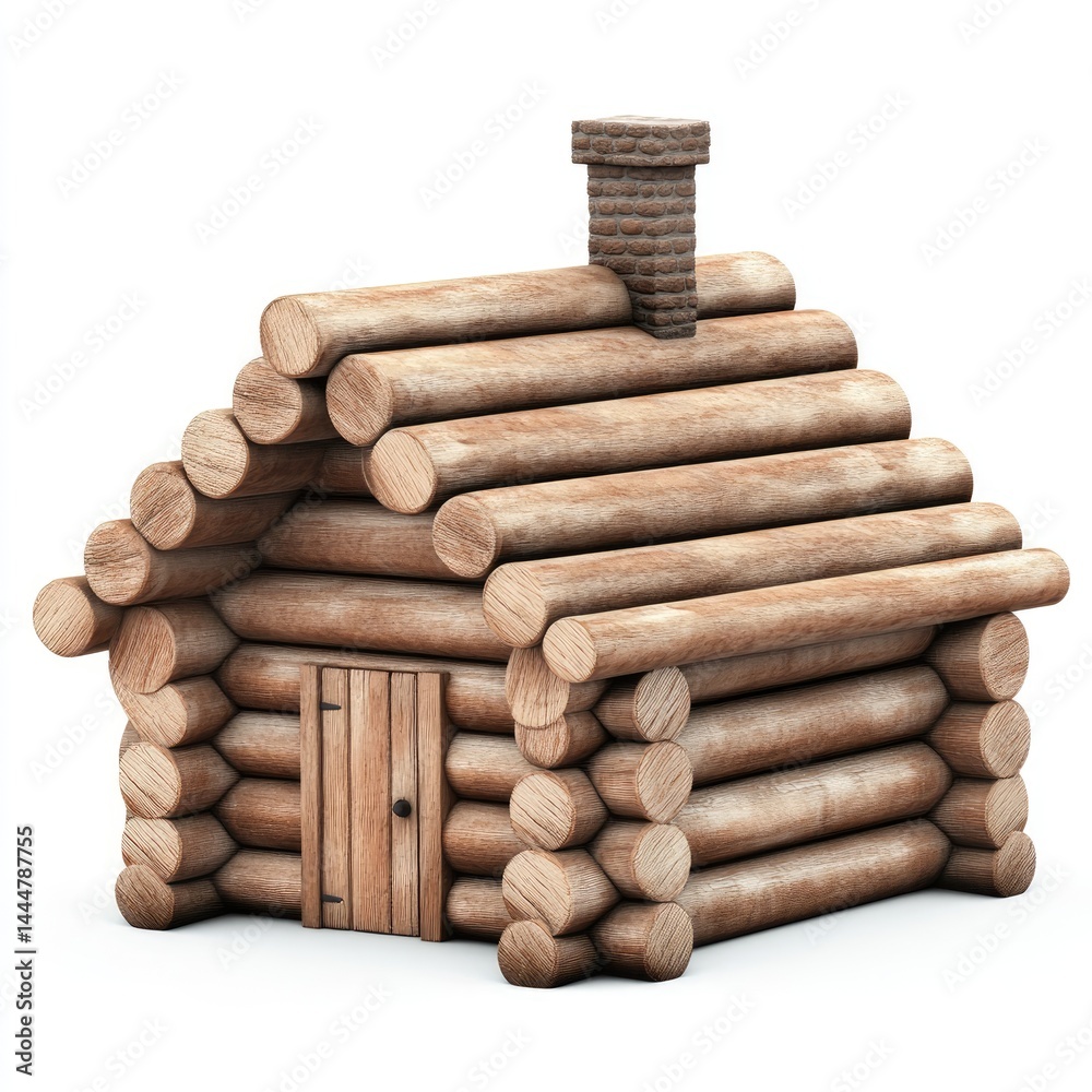 Rustic log cabin model, isolated on white.