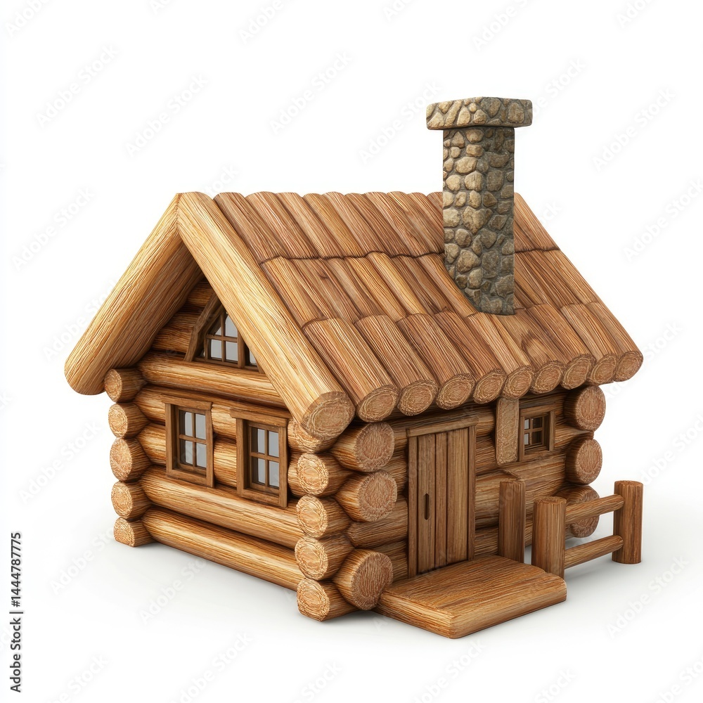 Wooden log cabin model on white background.