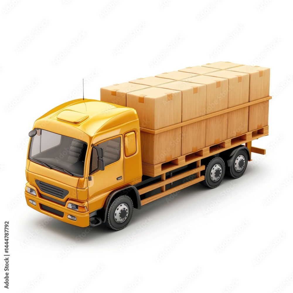 Golden truck loaded with cardboard boxes on a wooden platform.