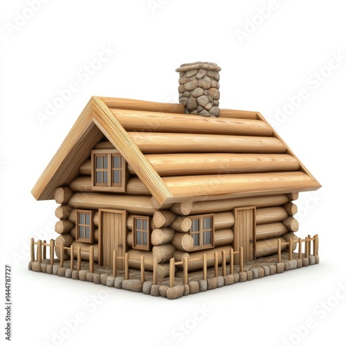 Wooden log cabin, nestled on a stone base.