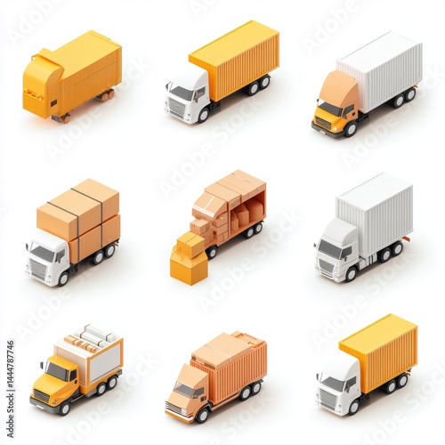Obraz na płótnie Nine isometric illustrations of various delivery trucks. w salonie
