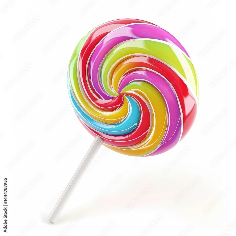 Vibrant swirl lollipop on a stick against a white background.