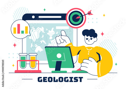 Geologist Illustration Featuring Soil Analysis and Earth's Surface Features for Scientific Research, Exploration, or Expedition in a Background