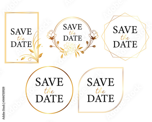 Elegant golden wedding "Save the Date" frames set of floral and geometric luxury invitation elements, perfect for wedding templates and romantic celebration designs. Vector illustration.