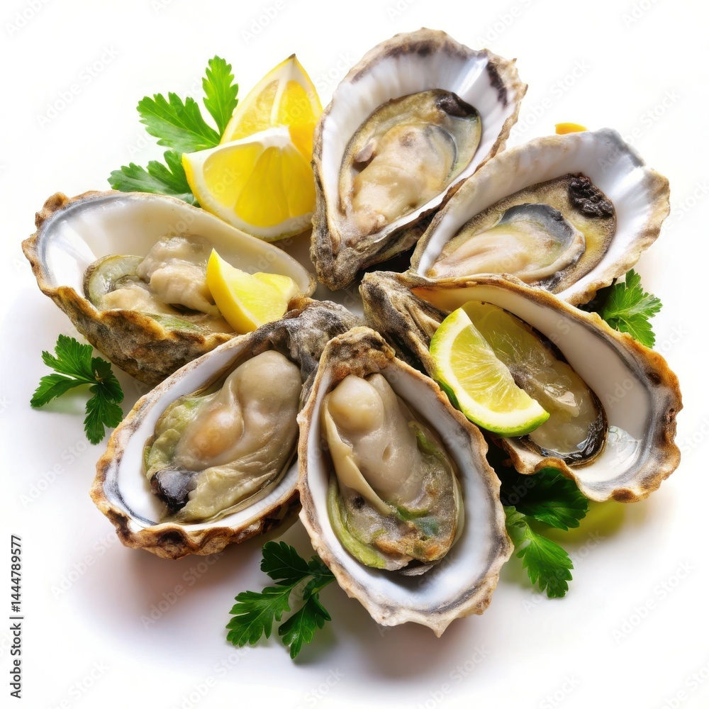 Fresh Oysters On A White Background Garnished With Lemon And Parsley Fresh Oysters On A White Background Garnished With Lemon And Parsley