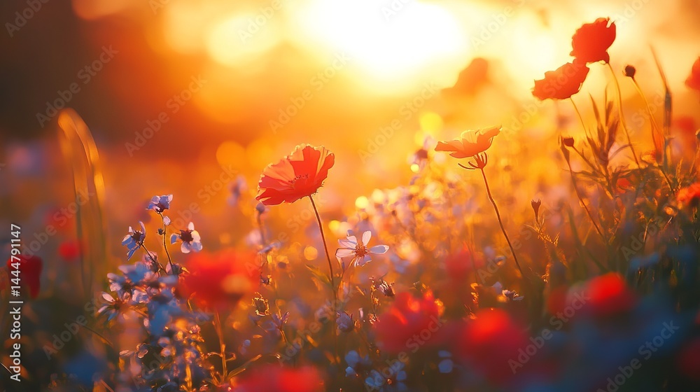Obraz premium Vibrant Field of Colorful Flowers Bathed in Warm Golden Light of a Majestic Sunset in Nature's Beauty