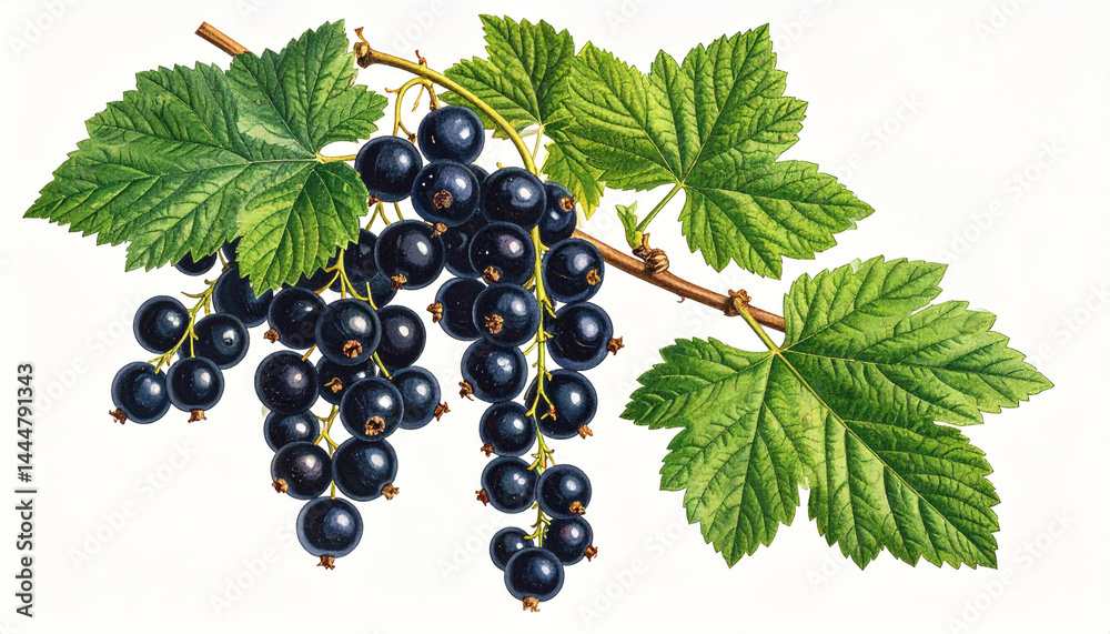 Ilustracja vintage, czarna Porzeczka na białym tle. Generative AI