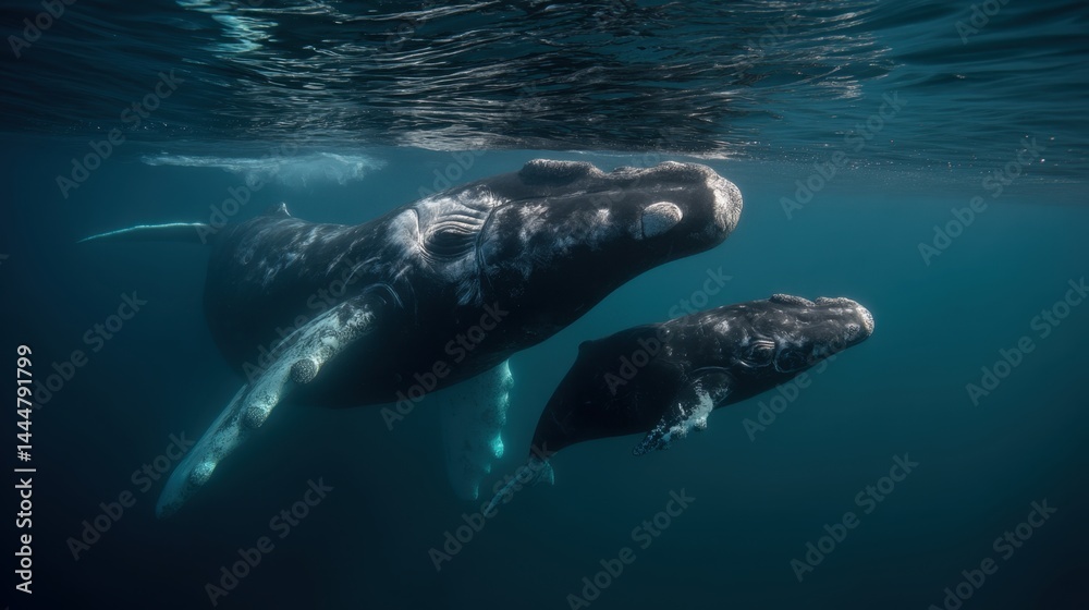 Fototapeta premium North Atlantic Right Whale Mother and Calf Swimming