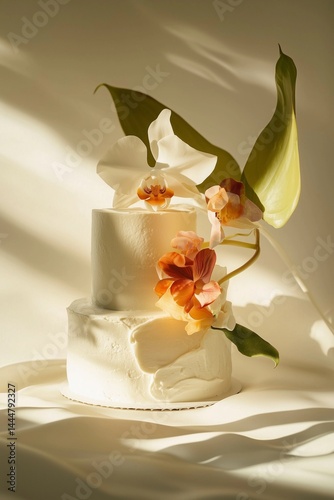 Elegant two-tier cake adorned with delicate flowers and greenery in soft natural light