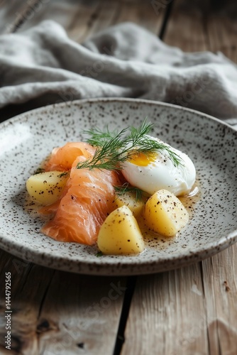 Fresh salmon with poached egg and potatoes served on a rustic plate. Scandinavian cuisine