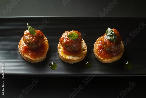 Savory meatballs served on crunchy toasted bread with rich tomato sauce and fresh basil garnish at a gourmet restaurant Generative AI