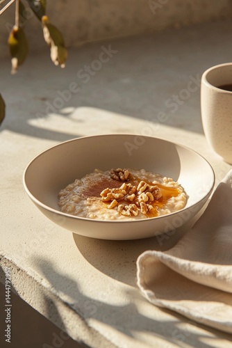 Warm bowl of oatmeal topped with walnuts and honey on a sunlit tabletop enjoying a cozy breakfast moment Generative AI