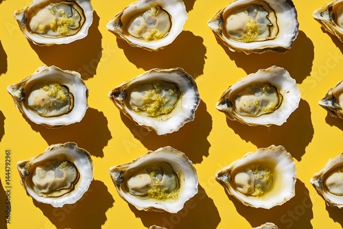 Delicious oysters arranged on a vibrant yellow background showcasing their fresh and unique flavors in culinary artistry Generative AI