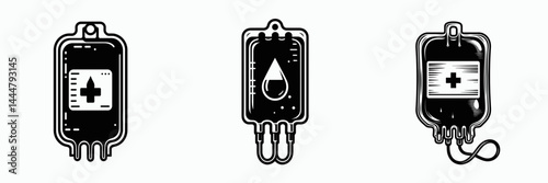 The Blood bag. Hospital Clinic Healthcare Treatment Symbol. Container holding vital fluid for therapeutic infusion and hematologic aid.