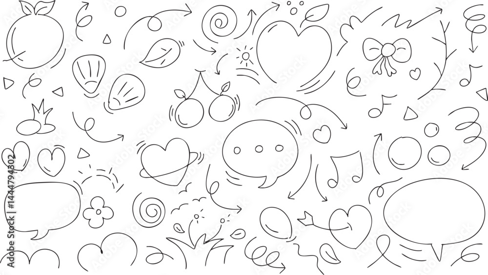 Fototapeta premium Cute hand drawn doodle vector set, love, Natural , star, cloud, weather, rainbow, flower, bubble, heart and creative design vector collection.