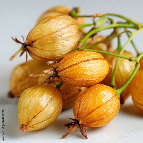 A close-up shot reveals a cluster of ripe, pale yellow physalis fruits with their papery husks intact on a neutral background.