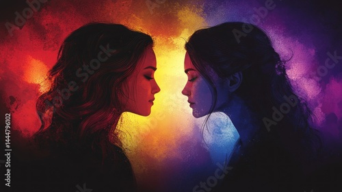Two women facing each other, vibrant colors