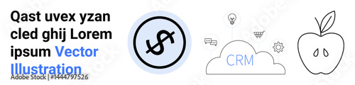 Dollar sign in circular badge, CRM cloud with icons of innovation, shopping cart, gear, and apple outline. Ideal for finance, business, technology, health innovation cloud services simple landing
