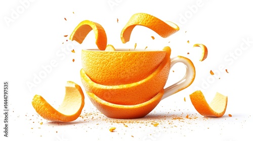 Creative tea cup made of orange peel with scattered citrus pieces on white background

