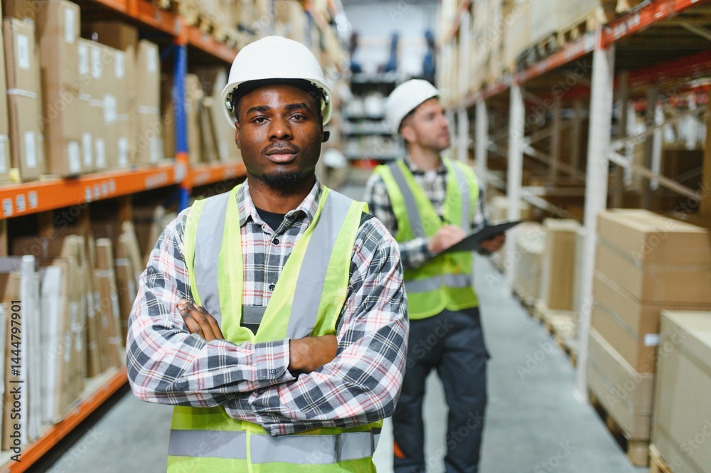 Obraz premium Two warehouse workers. Logistic and business export concept