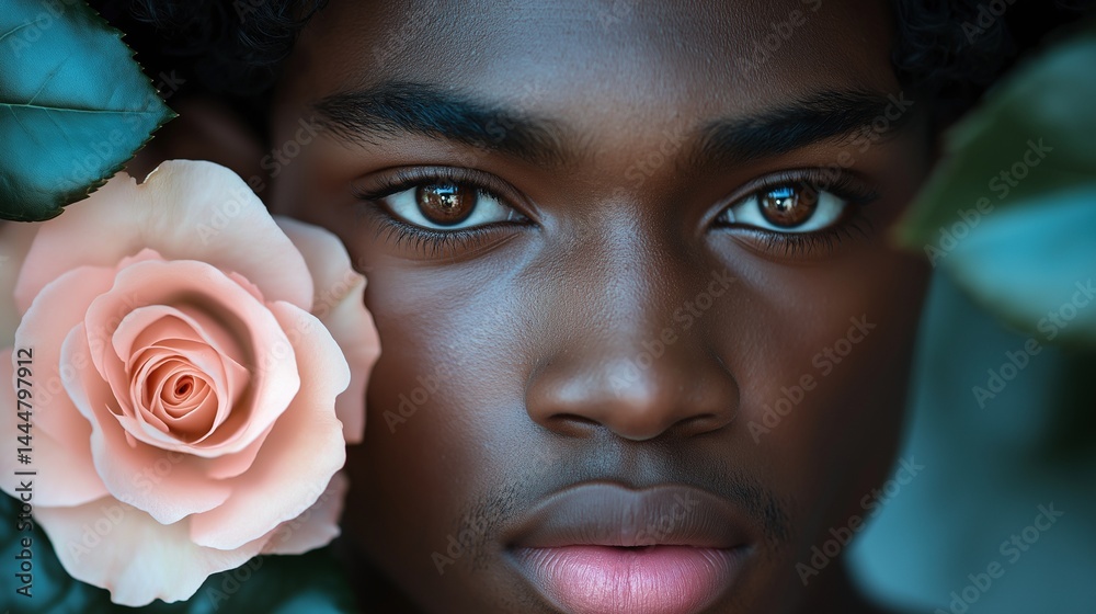 Black man with calm expression and peach rose bloom portrait image closeup. Natural elegance. African american male face close-up photography. Beauty fashion concept photo-realistic