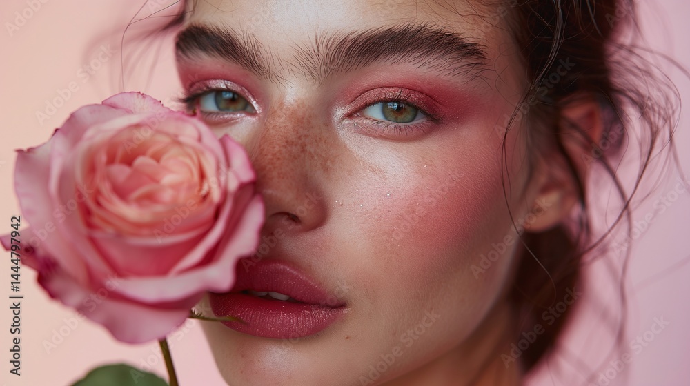 Poetic portrait of young woman with pink eyeshadow, green eyes and freckles image closeup. Freckled face rose close-up photography human scene. Beauty fashion concept photo-realistic