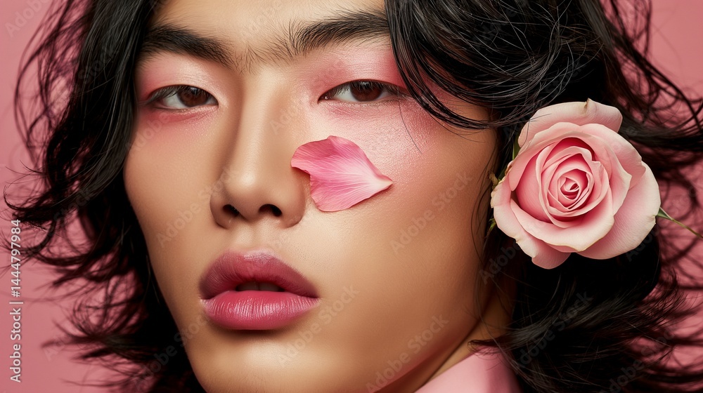 Asian model with tousled black hair and pink petal rose portrait image closeup. Bold eyebrows, pink eyeshadow close-up photography. Androgynous beauty fashion concept photo-realistic