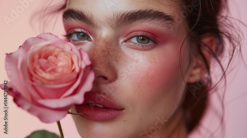 Obraz na płótnie Poetic portrait of young woman with pink eyeshadow, green eyes and freckles image closeup. Freckled face rose close-up photography human scene. Beauty fashion concept photo-realistic w salonie