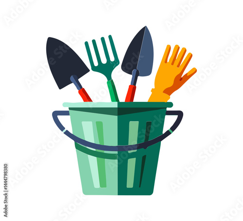 Garden tool bucket with shovel, rake and rubber gloves for working with soil, on transparent isolated background